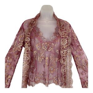 St John Couture Sheer Gold Lace Blouse with Pussycat Bow Sz 6